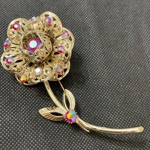 #2 - Vintage Sarah Coventry Gold Tone Rose Petal with Rhinestones Brooch